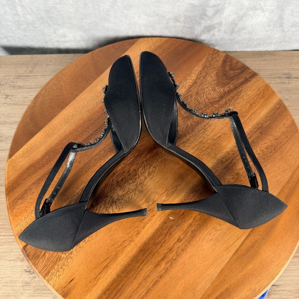 Stuart Weitzman Shoes Womens 7.5 M Black Satin Peep Toe Jeweled T-strap Pump - Picture 12 of 16